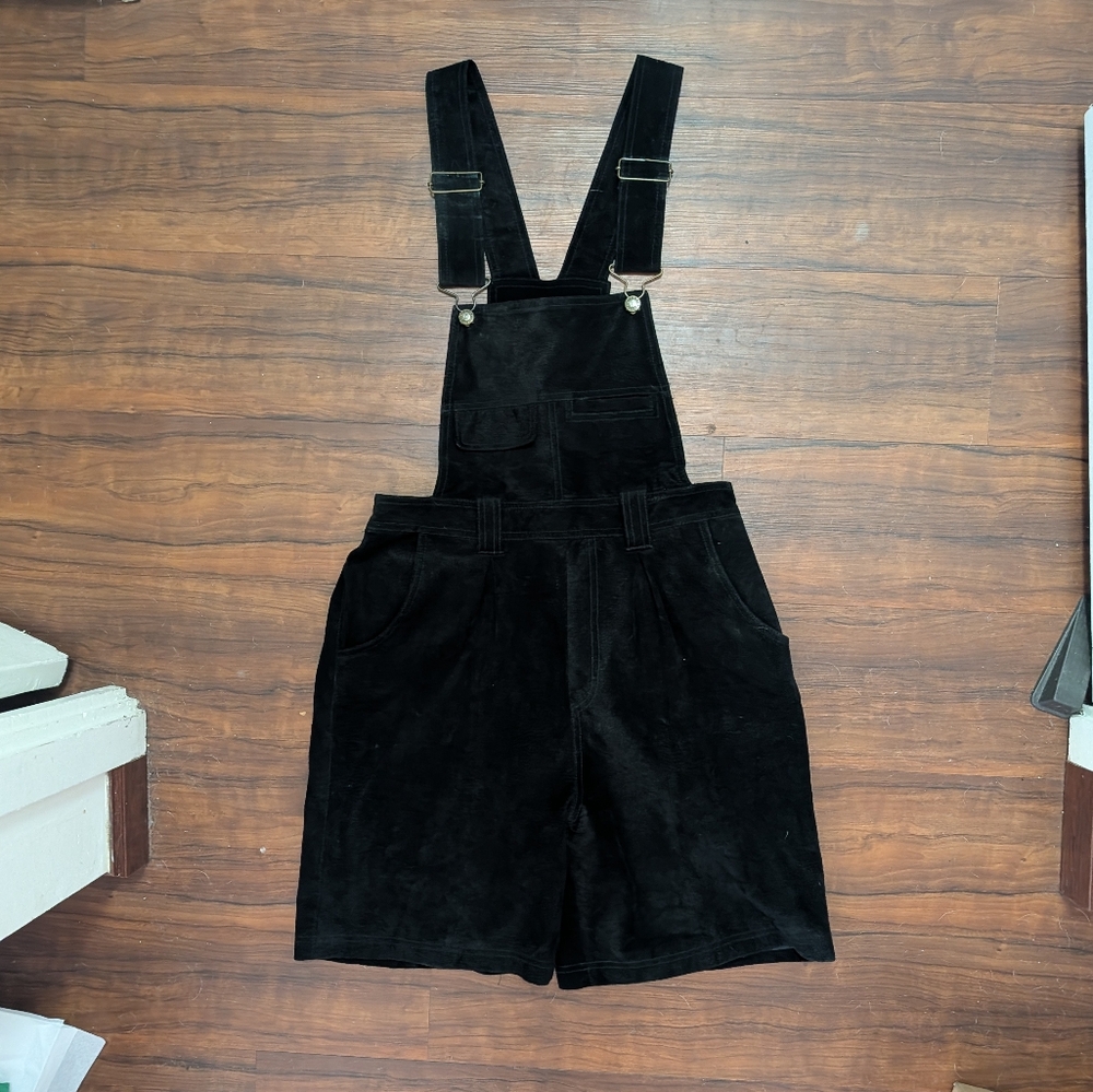 Express Compagnie Internationale Vtg 90s Black Suede Overall Shorts size L - Picture 5 of 16